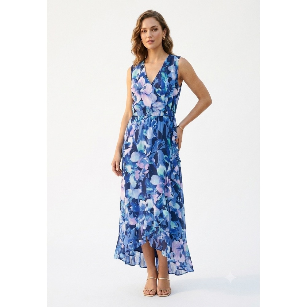 Soft‎ Surroundings Blue Floral Ruffle Midi Dress L Flowy Vacation Breeezy